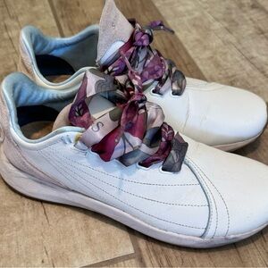 Women's White Leather Sneakers with Floral Ribbon Laces